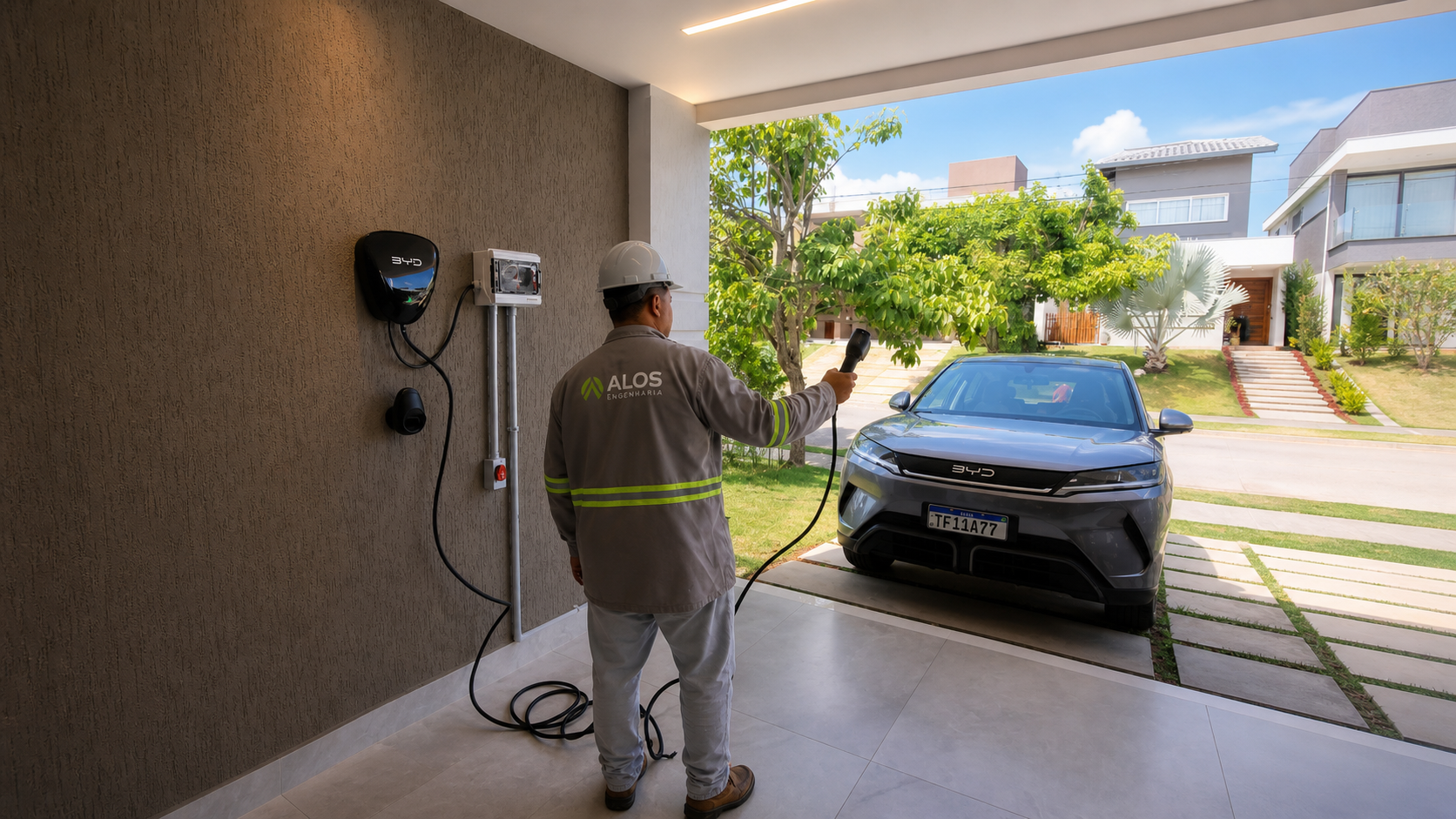 Wallbox instalado com acabamento profissional em garagem residencial